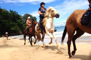 People riding horses on the beach