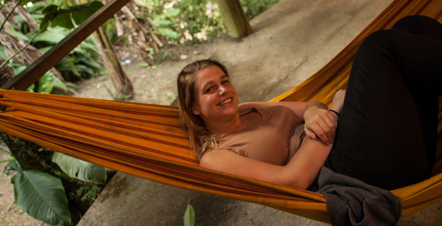 Relaxing in a hammock in the River Camp Pacuare